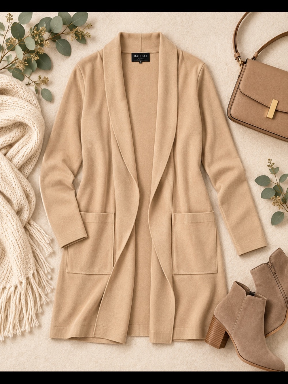Halifax Shawl-Collar Long Cardigan Sweater — Camel